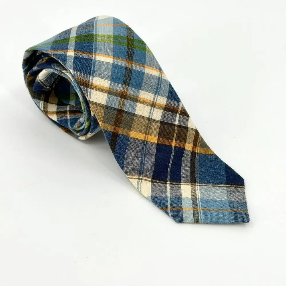 Blue White 100% Cotton Tartan Plaid Skinny Necktie Made In Japan